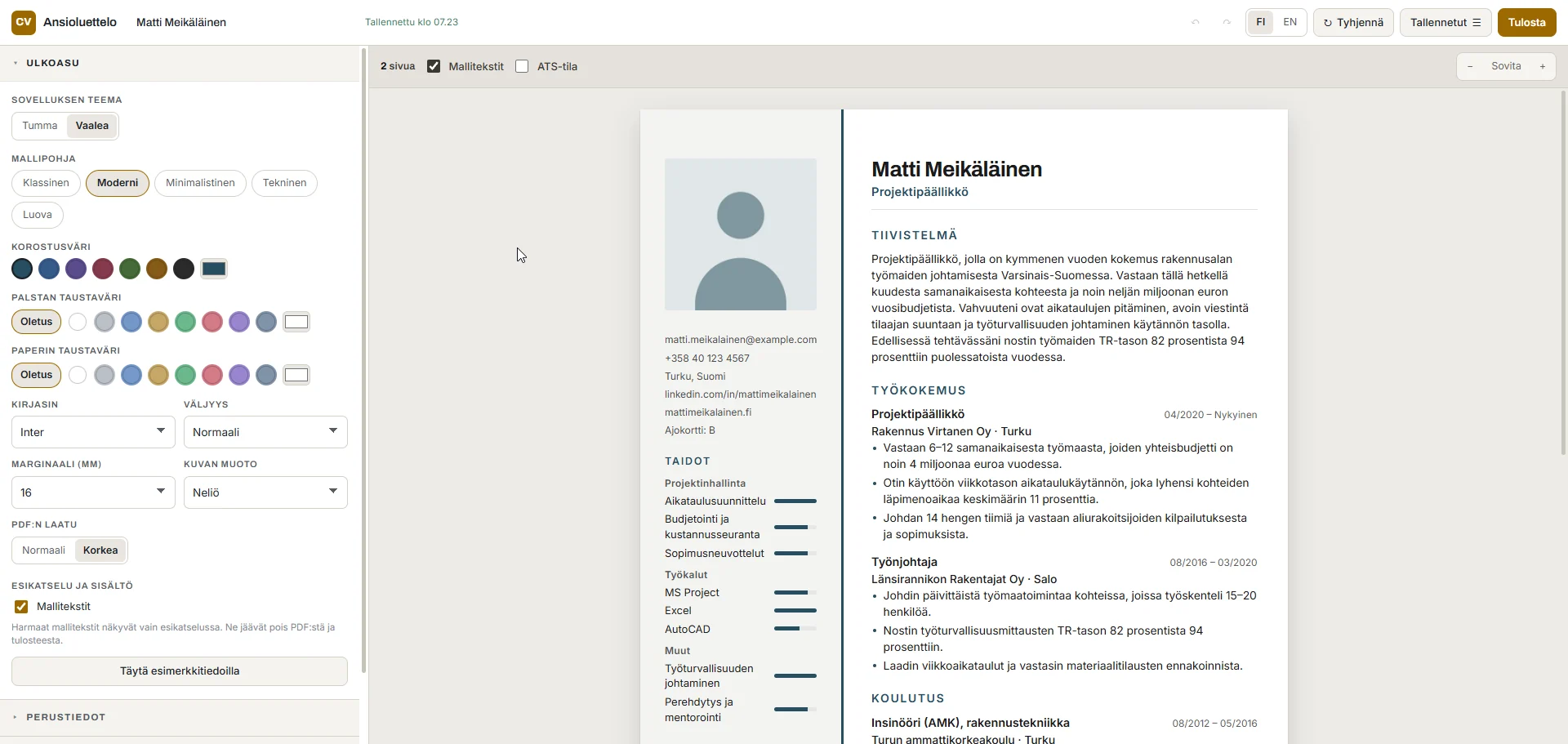 Kodion CV-työkalu: muokkausnäkymä vasemmalla ja valmis ansioluettelo esikatselussa oikealla.